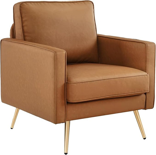 VINGLI Modern PU Leather Accent Chair for Living RoomBedroom Comfy Chair Arm Chair Reading Chair with Golden Metal Legs and Deep Seat for OfficeApartmentSmall SpaceCognac