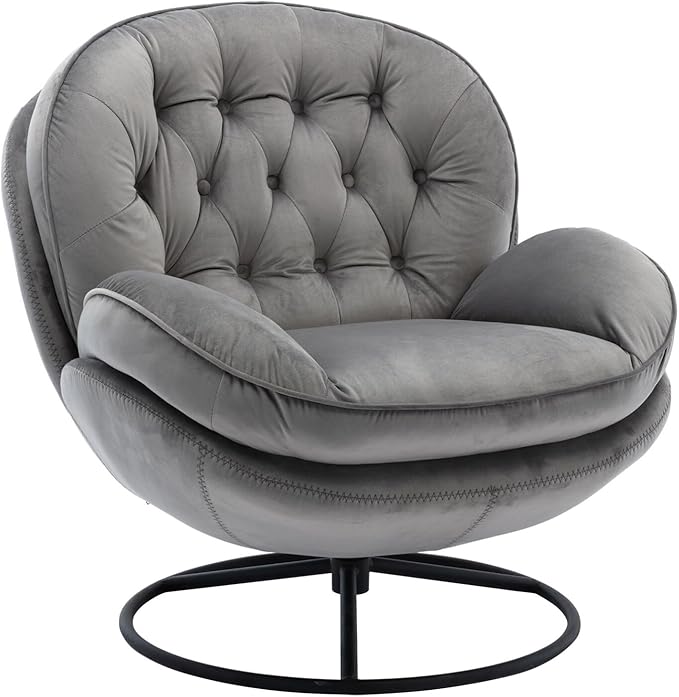 i-POOK Velvet Swivel Chair with Matching Swivel Ottoman Modern Upholstered Accent Chair with Round Black Metal Base and Backrest for Bedroom Living Room and Apartment Gray