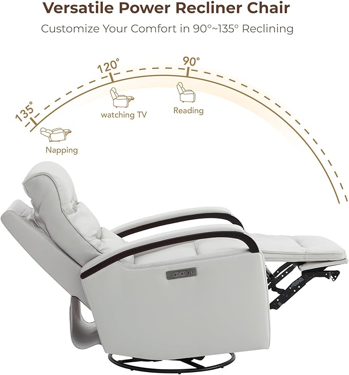 CHITA Genuine Leather Power Swivel Glider Rocker Recliner FSC Certified Mid Century Modern Recliner Chair for Adults Adjustable Power Headrest for Nursery and Living Room Creamy Grey