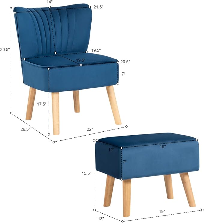 Giantex Velvet Accent Chair with Ottoman Modern Tufted Upholstered Chair with Footrest Firm Wood Legs Leisure Single Club Chair Set for Living Reading Room Bedroom (Blue)
