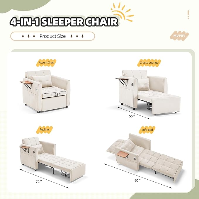 Convertible Sleeper Chair Bed for Adults 90 Extra Long Pull Out Chair Bed w/USB Port Foldable Table &amp Bottom Storage 4 in 1 Single Reclining Sleeper Sofa for Dorm/Bedroom Beige