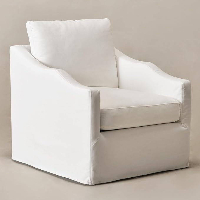 KINWELL 28 Wide Upholstered Down Fill Slipcovered Swivel Barrel Chair Modern Comfy Swivel Accent Chair with Pillow Back for Living Room Bedroom Fully Assembled (Pearl White)