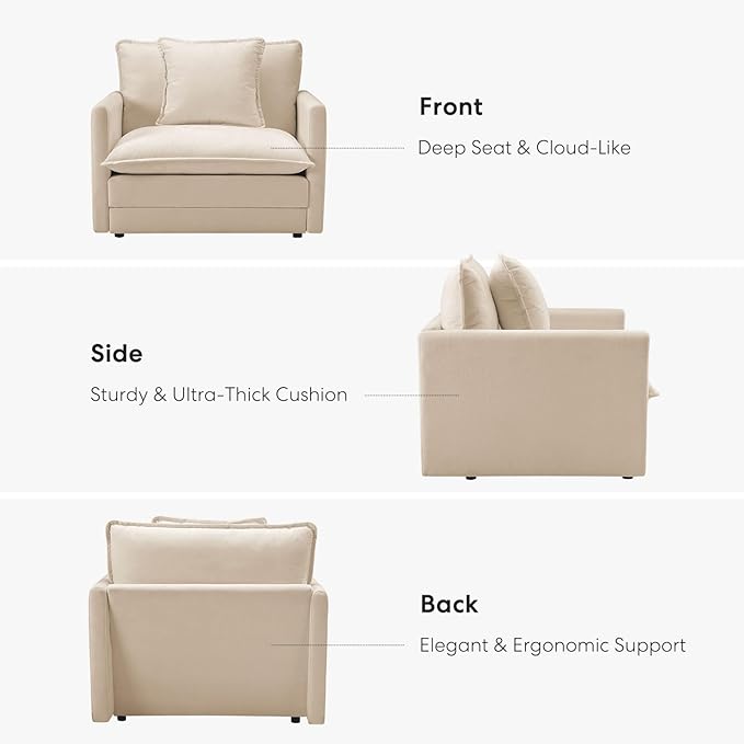 Chenille Oversized Accent Chair - 39 W Big Comfy Reading Chair Modular Cloud Sofa Chair Cozy Armchair for Living Room Bedroom Kids Room Reading Nook Sandy Beige