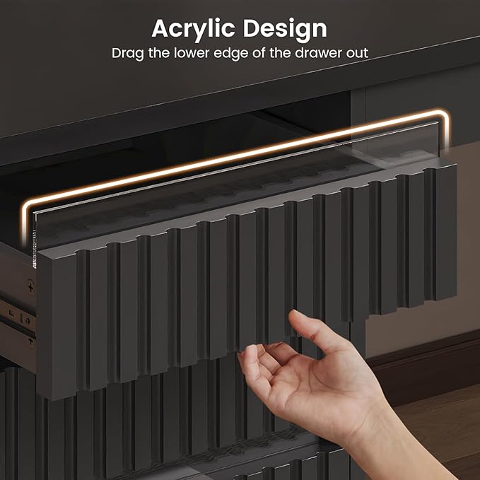 SEDETA 55.1 Fluted Office Desk with 6 Drawers Modern Executive Desk with Acrylic File Drawers Computer Desk with Power outlets for Home Office and Study (Black)