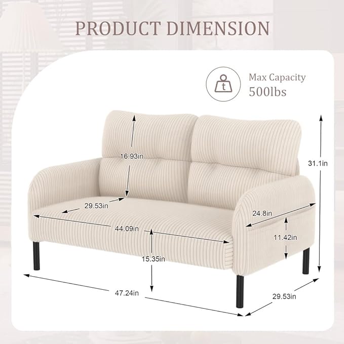 48 Small Loveseat Sofa for Small Space Corduroy Love Seat Couches with Black LegsComfy Couchs for Living Room Bedroom Apartment OfficeMid Century Modern Couch (Beige)