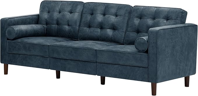 84 Suede Leather Sofa with 2 Soft Pillows Tufted Modern Sofa with Sturdy Wooden Legs 3 Seats Couch for Living Room Office Bedroom Blue