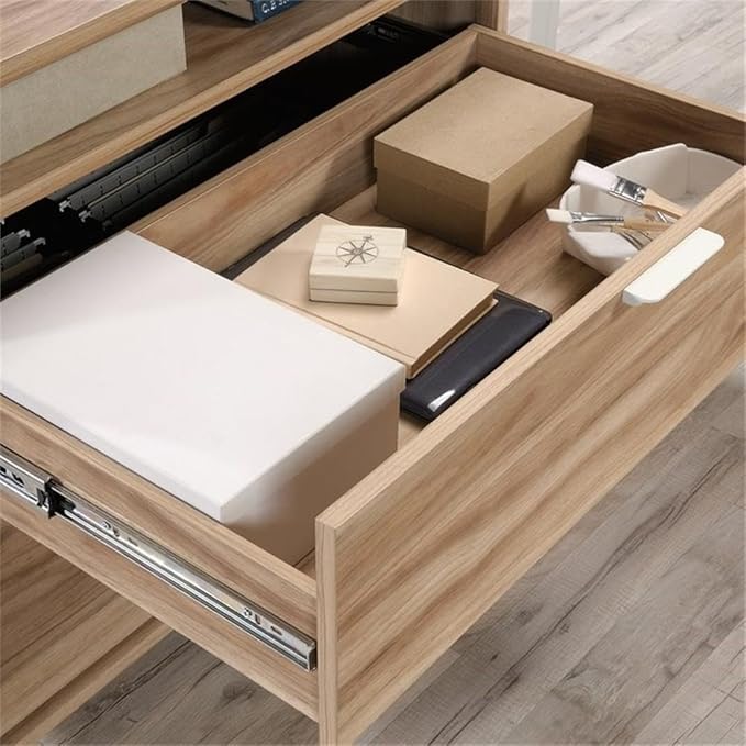 Pemberly Row L-Shape Desk 65 in x 65 in x 30 in Engineered Wood &amp Metal Kiln Acacia Brown Finish 2 Drawers with File Storage Open Shelf Cord Management Modern Home Office Desk