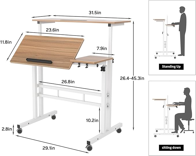 DlandHome Adjustable Rolling Desk Standing Desk Sit-Stand Desk Cart Mobile Computer Desk Stand Up Desk Office Desk Riser Standing Table Workstation Mobile Desk Oak