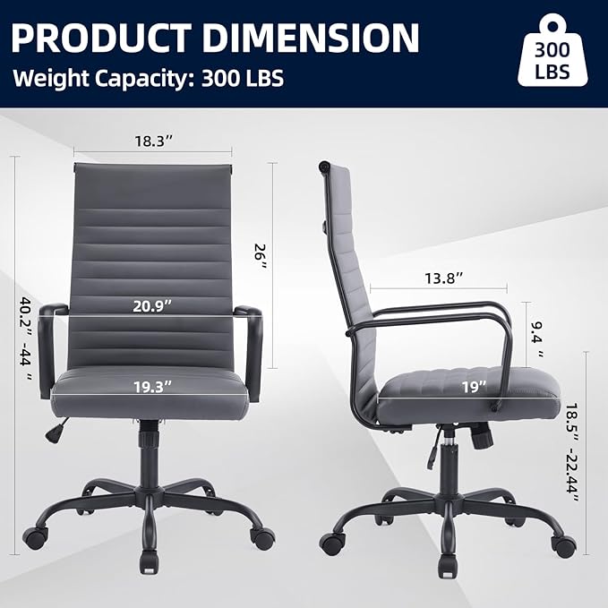 Office Chair Ergonomic Executive Conference Room Chairs Ribbed Leather Desk Chair with Lumbar Support Adjustable Height Mid-Back Swivel Chair with Padded Seat