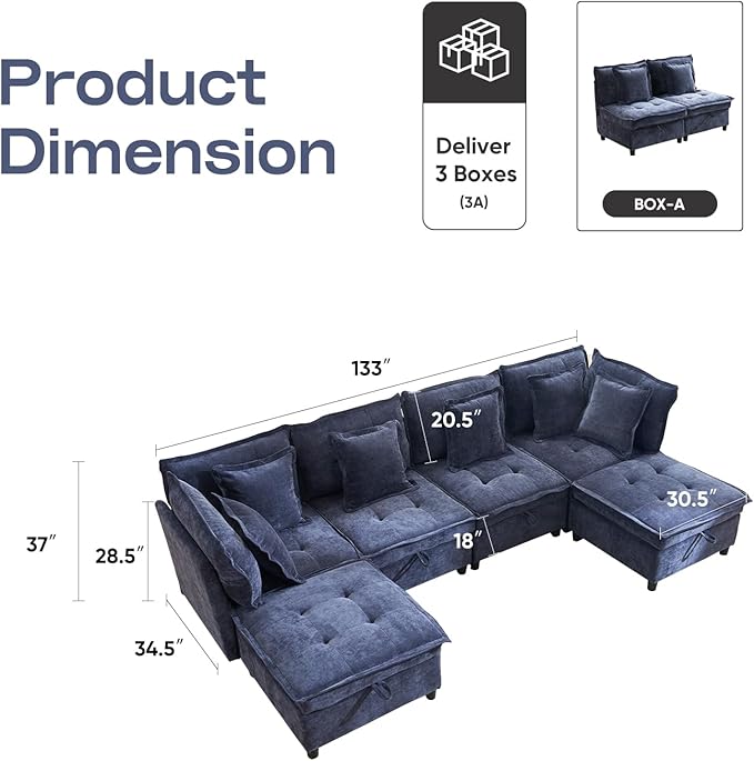Oversized U Shaped Modern Sofa Couch 133 Modular Sectional Cloud Couch with Storage 6-Seat Chenille Deep Seat Sofa with 6 Pillows for Living Room Bedroom and Apartment Blue