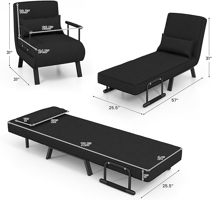 Giantex Convertible Sleeper Chair Bed 4-in-1 Sofa Bed with 6-Position Adjustable Backrest &amp Metal Legs Cozy Chaise Lounge Couch for Adults Folding Armchair for Living Room Office Guest Room (Bl