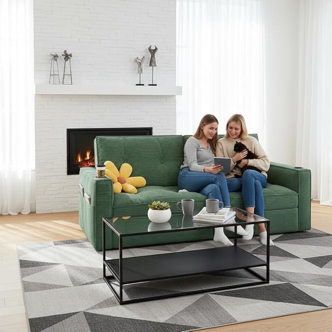 73 Queen Size Sofa Bed Loveseat Sleeper Sofa with Pull Out Bed Pockets and USB Modern 2 Seater Convertible Small Couch for Living Room Bedroom Apartment (Green Corduroy)