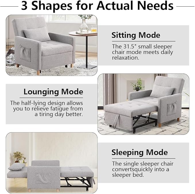 Sleeper ChairConvertible Sleeper Sofa ChairPull Out Sleeper Chair with Adjustable BackrestMulti-Functiona Lounge Chair for Living Room(Light Grey)