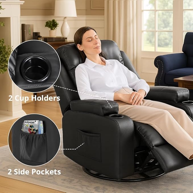 COMHOMA Recliner ChairPU Rocking Chair for AdultsSwivel Recliner with Cup HoldersSingle Sofa Seat with Side Pockets for Living RoomBedroom(Black)