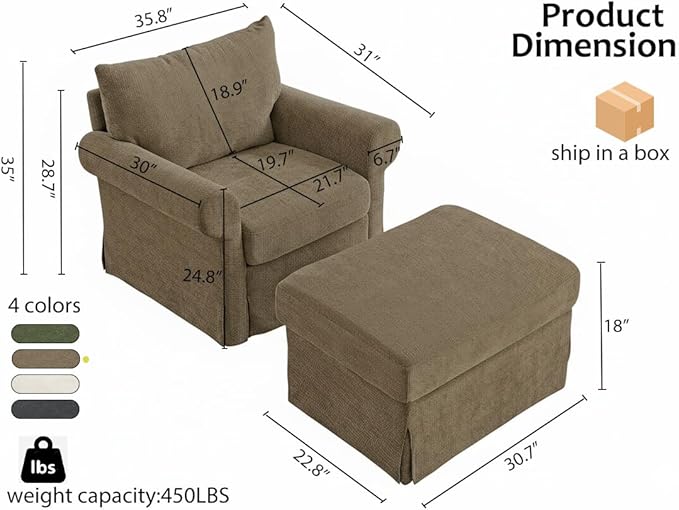 35.8 Accent Chair with Ottoman Set Comfy Chenille Upholstered Armchair with Rolled Arms Modern Single Reading Chair for Living Room Bedroom Apartment Brown