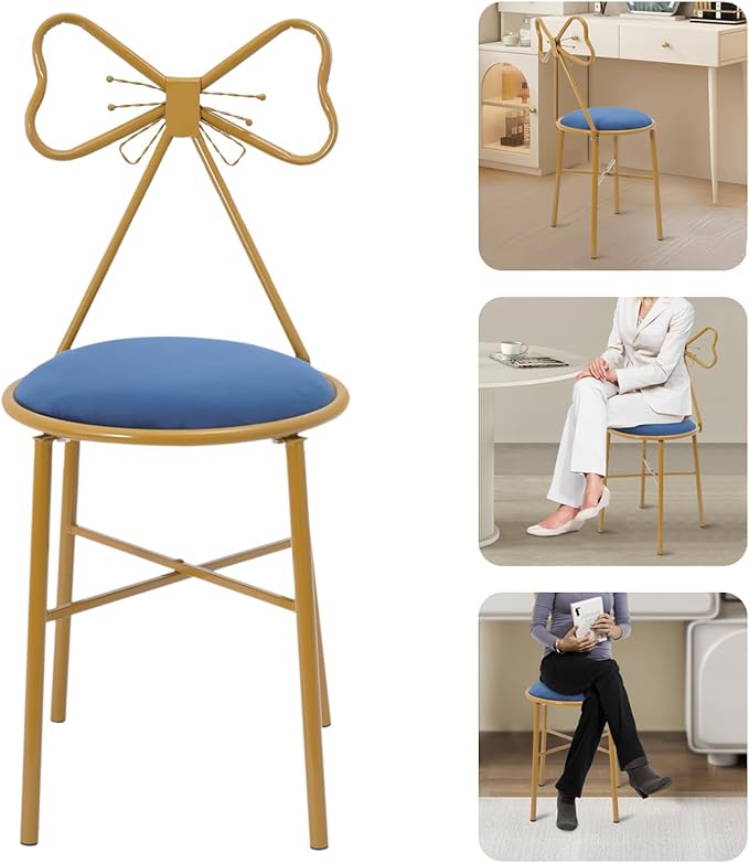 Modern Vanity Chair Stool Cute Butterfly Makeup Chair with Backrest Creative Gold Metal Bow Chairs for Living Rooms Bedrooms Kitchen Terraces Office (Blue)