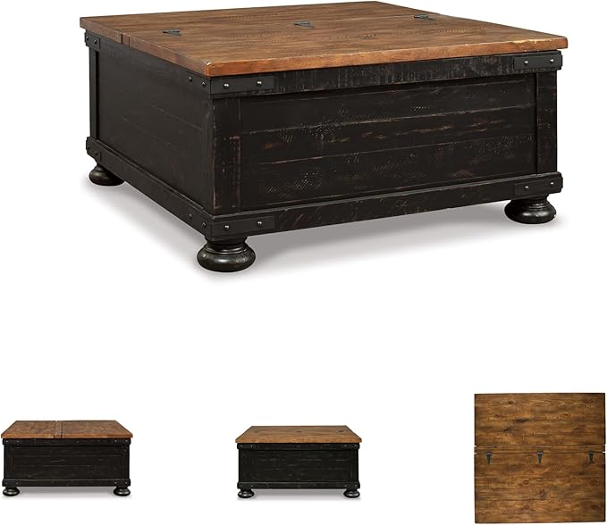 Signature Design by Ashley Valebeck Lift Top Coffee Table Storage Split-top Design Wood 36 W x 36 D x 18 H 2-tone Distressed Brown &amp Black Finish