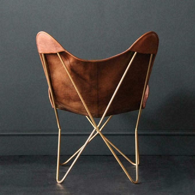 Shy Shy Let’s Touch The Sky Leather Living Room Chairs-Butterfly Chair Brown Leather Butterfly Chair-Handmade with Powder Coated Iron Frame (Cover with Folding Frame) (Golden Frame)