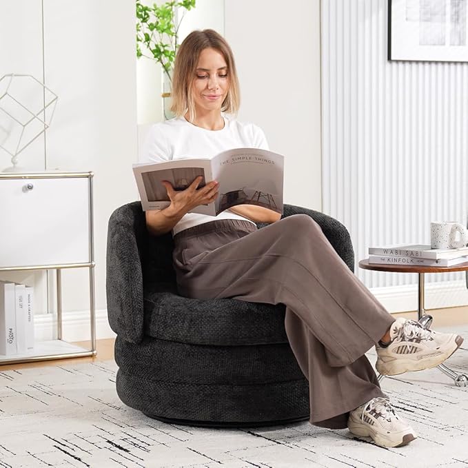 30 W Modern Round Set of 2 Swivel Accent Barrel Chair No Assembly Comfy Chenille Upholstered Cozy Armchair for Bedroom Living Room Hotel Club Reading Room (Dark Gray 2-Pack)