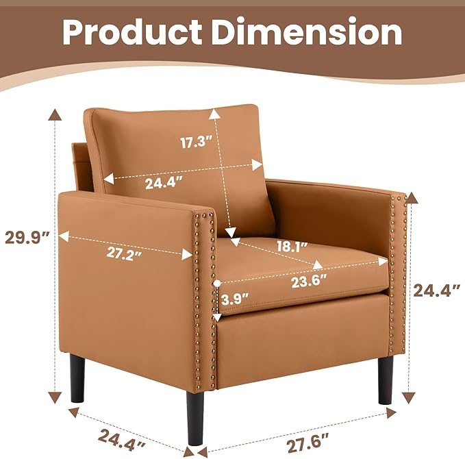 Modern PU Leather Accent Chair Mid-Century Armchair for Living Room Comfy Upholstered Reading Accent Chairs for Bedroom and Office Single Sofa Chair with Wood Legs (Brown 1 Pack)