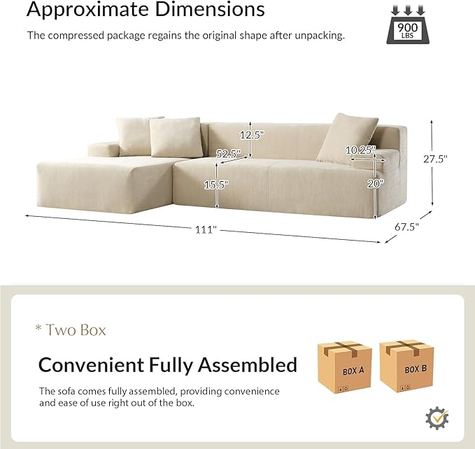 EcoHarbor Living 111 2-Piece Sectional Couch with L-Shape Chaise Modular Cloud Sofa with Deep Seat No Assembly Required Oversized Modern Upholstered Couches for Living Room Apartment Lounge Beige
