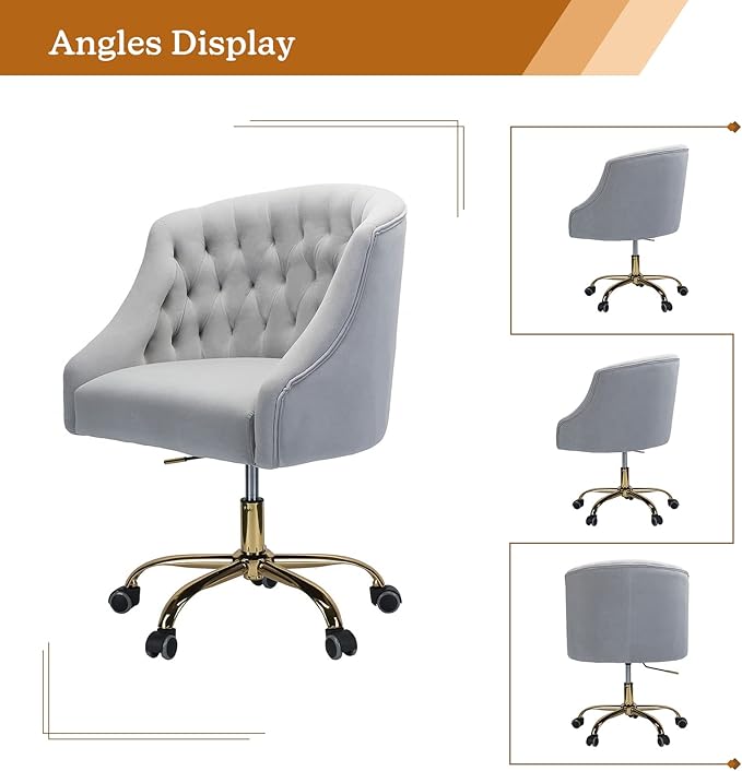 Velvet Home Office Chair with Gold Base Comfortable Modern Cute Desk Chair Adjustable Swivel Task Chair for Living Room Bedroom Vanity Study Grey