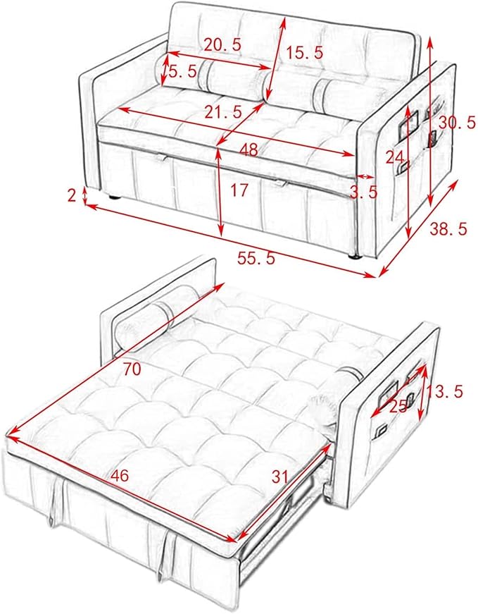 3 in 1 Sleeper Sofa Couch Bed Small Tufted Velvet Convertible Loveseat Futon Sofa w/Pullout Bed Adjustable Backrest Cylinder Pillows for Living Room Apartment Easy to Assemble Grey 55.5