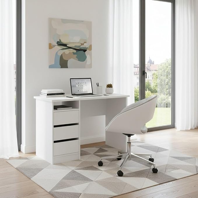 White Home Office Desk with 3 Drawers and Open Shelf Stylish Computer Desk and Study Table for Bedroom Office or Work from Home Workspace