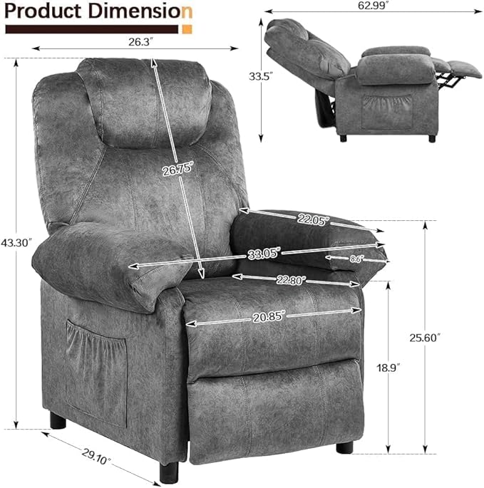 Pushback Massage Recliner Chairs with Heat for Adult Mid-Century Heated Fabric Reclining Chair Small Manual Recliner Chair for Small Places Grey