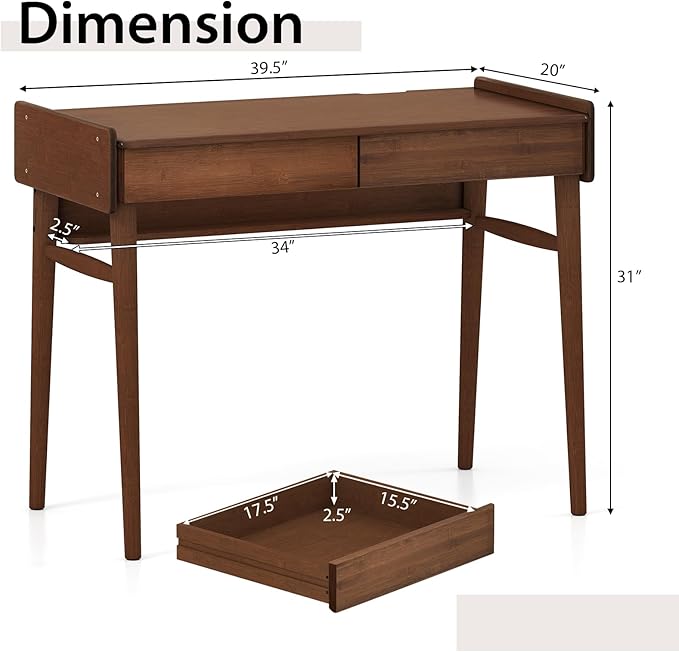 Tangkula Bamboo Mid Century Desk with 2 Storage Drawers Home Office Study Writing Desk with Shelf &amp Cable Management Groove Home Office Desk for Working &amp Learning (Brown)