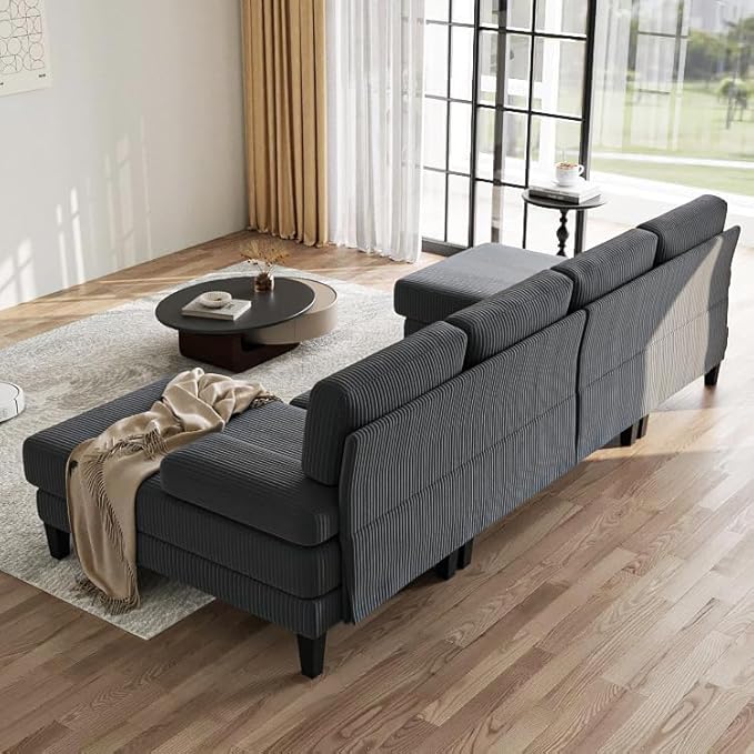 112'' Corduroy U Shaped Couch with Sleeper Lounge Chaise 4 Seat Modern Comfy Sectional Sofa Couches for Living Room Spacious Space Apartment Office (112'' Corduroy Gray)