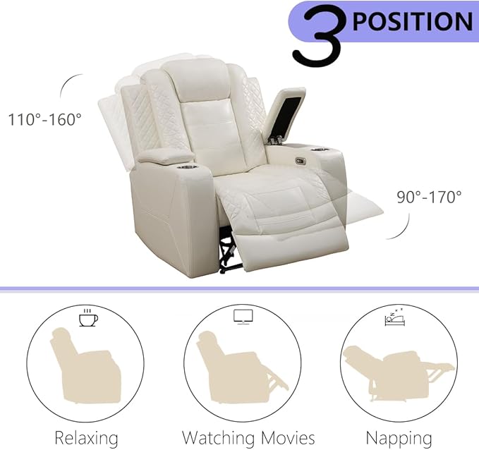 Power Theater Recliner Chair Cream White Leather Reclining Sofa Couch Chair Modern Comfy Recliner with Arm Storage/Cup Holder/USB Port for Living Room Furniture Office Home Theater