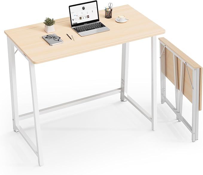 DUMOS 31.5 Inch Folding Desk Foldable Computer Table for Small Spaces Metal Frame Gaming Writing Work Station Mini Home Office Surface Oak
