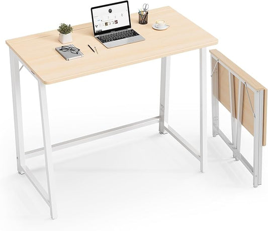 DUMOS 31.5 Inch Folding Desk Foldable Computer Table for Small Spaces Metal Frame Gaming Writing Work Station Mini Home Office Surface Oak