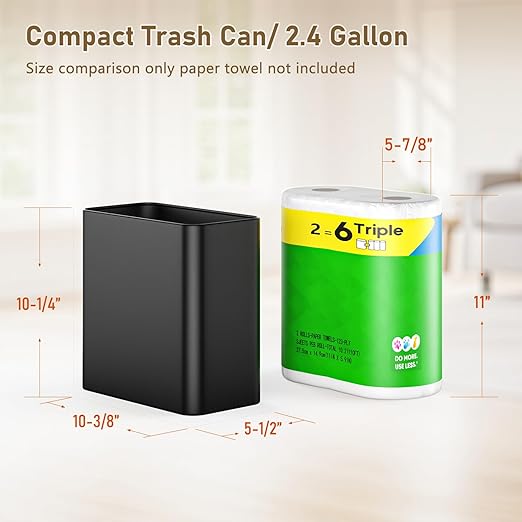 Small Bathroom Trash Can 2.4 Gallon Wastebasket Slim Metal Garbage Can Matte Black Stainless Steel Trash Bin for BedroomOfficeKitchenToilet rv Near Desk Under Sink