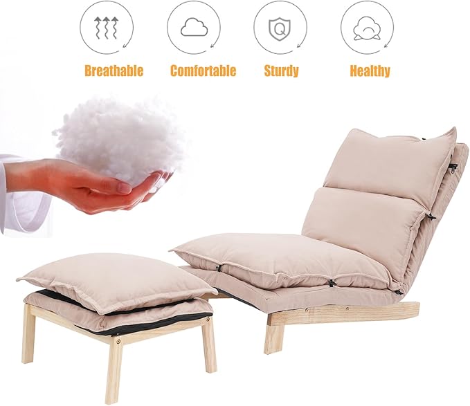 Modern Sofa Bed Chair with Ottoman 5-Position Adjustable Recliner Lounge - Accent Reading Chair for Bedroom Living Room Balcony - 330lbs Capacity (Beige)