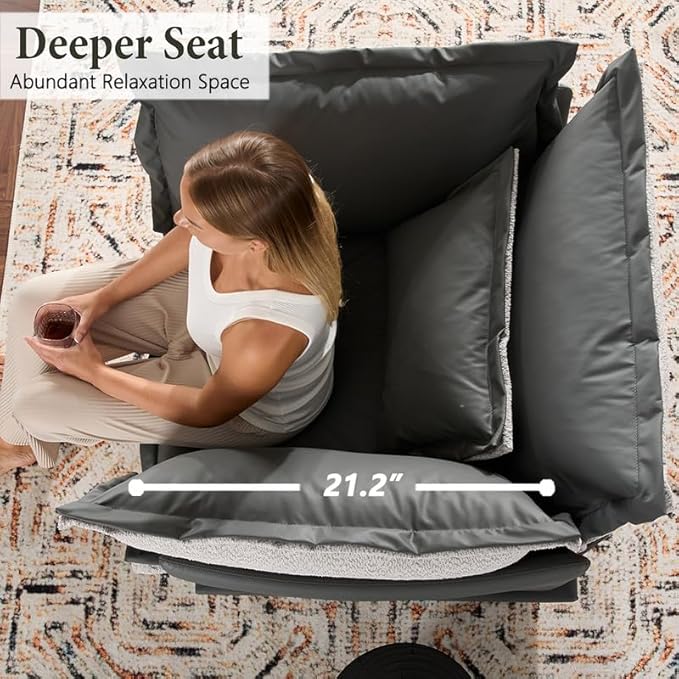 Leather Oversized Armchair Modern Accent Chair Single Sofa Lounge Chair Leather and Fabric Two-Faced Material 43.5 Wide 21.3 Seat Deepth for Living Room Bedroom (Blue Grey)