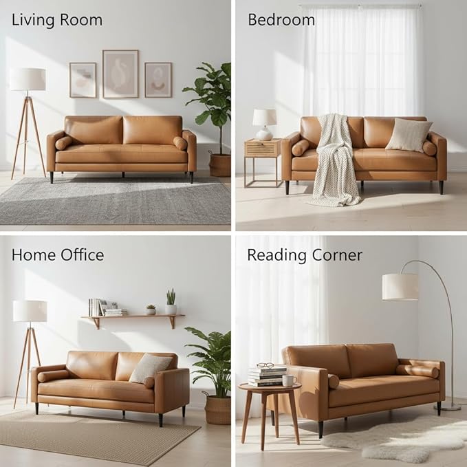 Naomi Home Genuine Leather Sofa - Revel in Exquisite Leather Opulence - Unparalleled Luxury Mid Century Sofa Embodiment of Cozy Lounging and Contemporary Design Tan