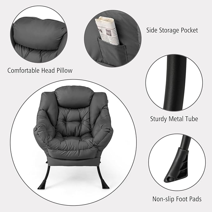 RELAX4LIFE Lazy Chair with Foldable Ottoman - Modern Lounge Accent Chair w/Armrests &amp Side Pocket Upholstered Leisure Sofa Armchair with Footrest for Reading Living Room Bedroom Dorm (Grey)