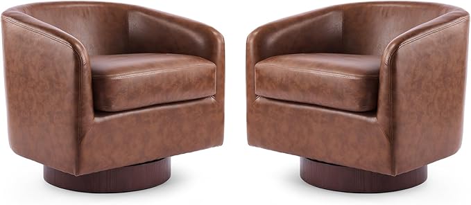 VINGLI 360°Swivel Accent Chairs Set of 2 with Engineered Wood Base and Removable Cushion for Living Room Bedroom Curved Back Barrel Chairs for Small Space Upholstered Bucket Armchairs Pu-Brown