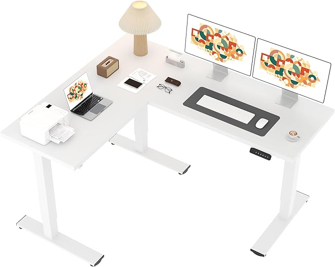SANODESK L Shaped Standing Desk Adjustable Height Electric Corner Standing Desk 63 x 55 inch Sit Stand Computer Table with Splice Board White