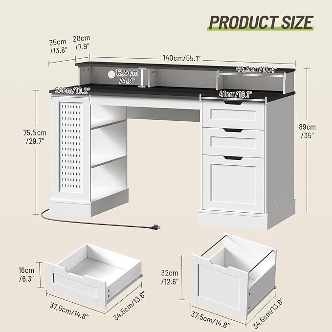 55-Inch Farmhouse Executive Desk with 2 Drawers and File Cabinet Computer Desk with 3-Tier Storage Shelves Home Office Desk with Charging Station Pegboard and Monitor Shelf White and Black