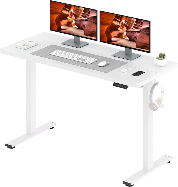 Adjustable Stand Up Desk with Memory Preset 55 x 24 Inch Standing Desks Electric Desk for Home Office with Splice Board (White)