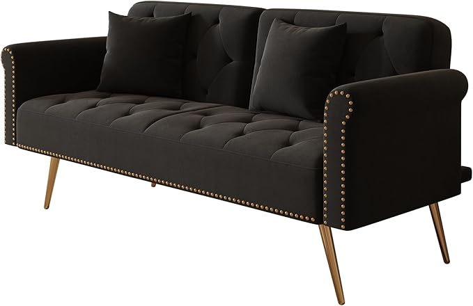 69.7'' Convertible Velvet Sleeper Sofa Bed Upholstered Futon Couch with Nail Head Trim and 2 Matching Throw Pillow for Living Room Bedroom Home Office (Black)