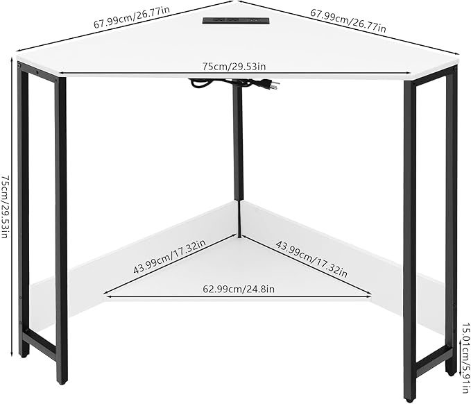 Small Corner Desk with Outlet Corner Table for Small Space Industrial Computer Desk w/USB Ports Triangle Desk for Home Office Workstation Living Room Bedroom (White)