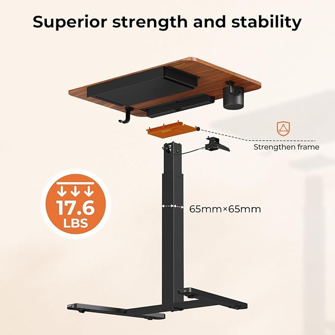 Mobile Standing Desk with Drawer 28 Rolling Desk with Cup Holder and Hooks Portable Laptop Workstation on Wheels Height Adjustable Cart with Storage for Home Office Dark Wood