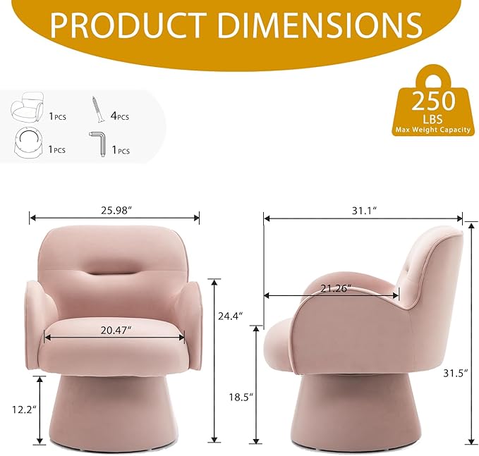 Swivel Chair with Armrest Modern Velvet Barrel Chairs with Curve Back Soft Cushion Comfy Accent Round Armchair Single Sofa for Living Room Bedroom Pink