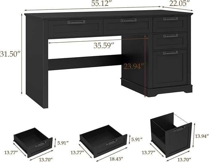Vabches 55 Farmhouse Home Office Desk with File Drawer Executive Computer Desk with 4 Storage Drawers Rustic Computer Desk for Working Studying Writing Black
