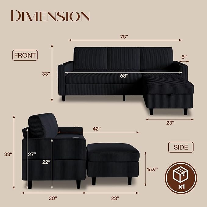 Convertible Sectional Couches for Living Room Modern Corduroy Couch Small Sofas for Small Space Apartment Office 3 Seats L Shaped Sofa with Storage Ottoman and 2 Cup Holders Black