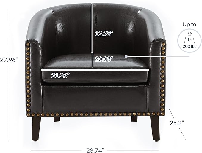 BELLEZE Accent Barrel Chair Set of 2 Modern Faux Leather Tub Club Chair Upholstered Armchair with Gold Nail Head Trim and Black Legs for Living Room Bedroom Apartment Lounge - Dark Brown